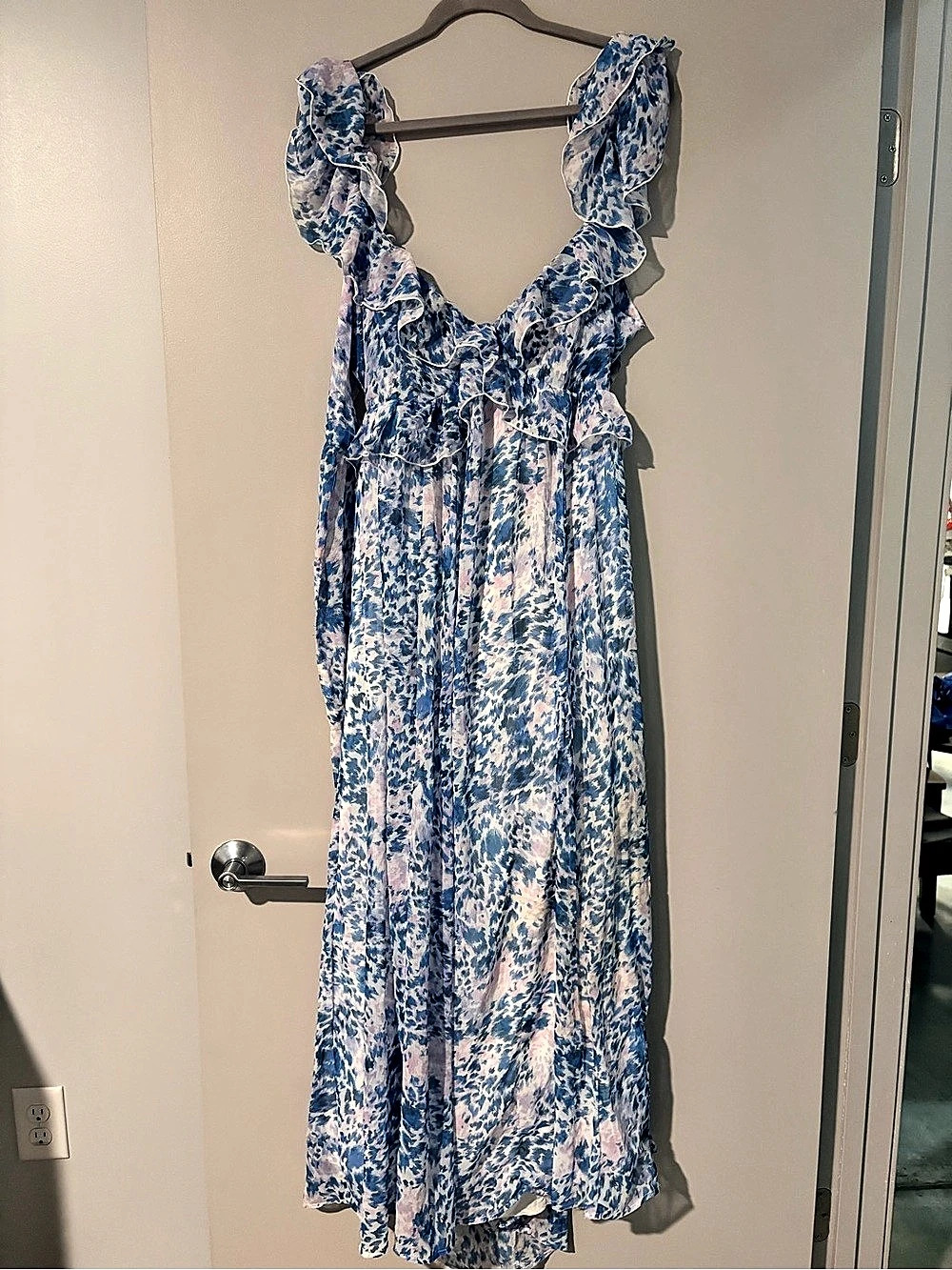 Koko + Mason Floral Ruffle Maxi Dress in Blue & Pink Size XL
